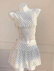 Comfortcana Women's Casual Polka Dot Print Camisole And Mini Skirt 2 Pieces Set, Summer - Black and White - View 5