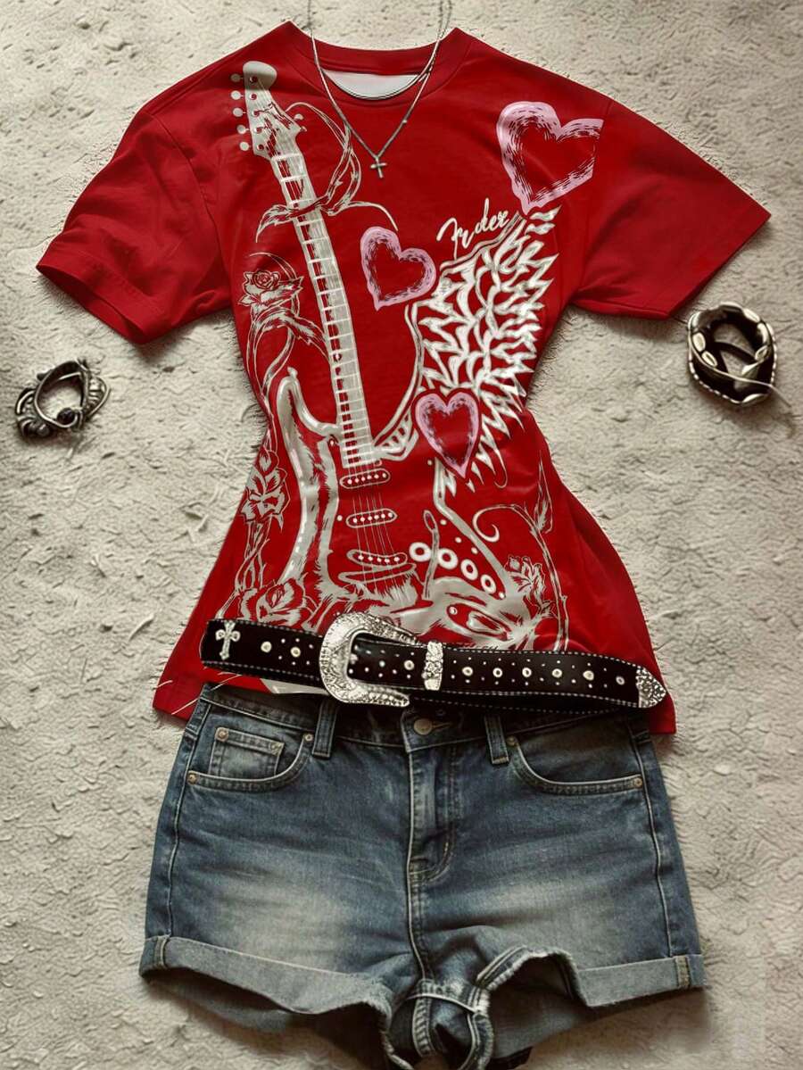 Glimmora 女士撞色爱心吉他图案舒适休闲圆领街头风上衣，适合日常街头穿着 - 紅色 - 查看 1