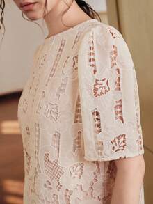 Anewsta Women's New Short Sleeve Embroidered Elegant Luxurious Top, Pink Valentine's Day T-Shirt Lace White Top Lace Top - Dusty Pink - View 7