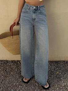 DAZY 女士常规腰围宽松斜插口袋休闲直筒裤 - 中等水洗藍 - 查看 1