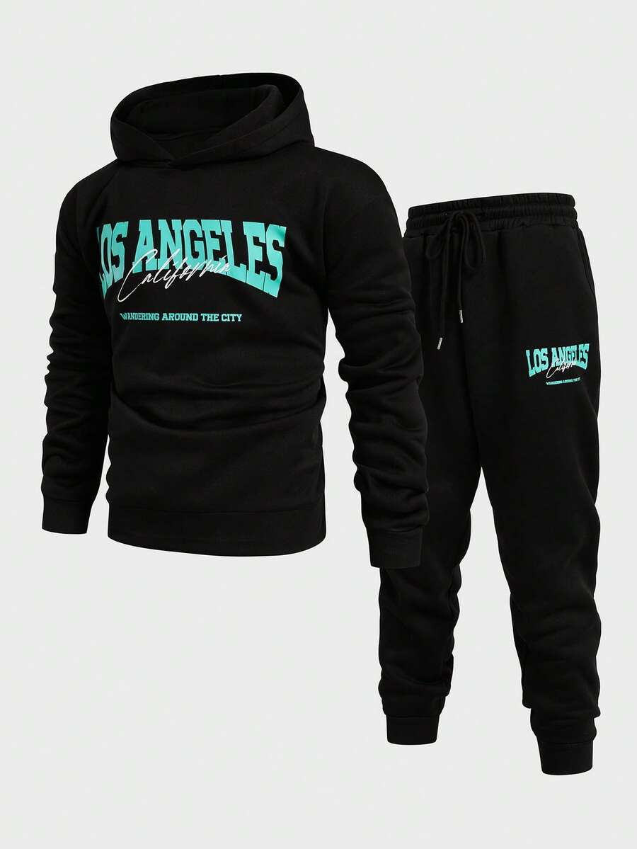 EASEVO Set Hoodie Kasual Ukuran Besar Pria, Sablon Hitam, Musim Semi/Gugur - Hitam - View 1
