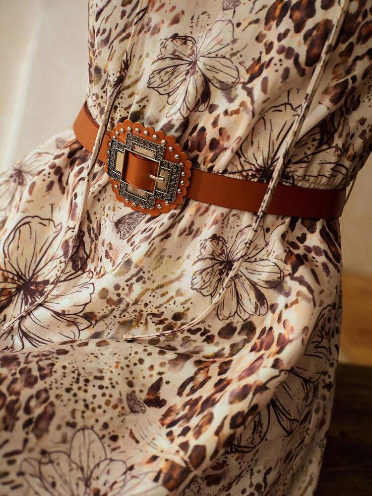 LEOPARD & FLORAL PRINT TIE NECK FLARE SLEEVE SHORT DRESS WITH BELT