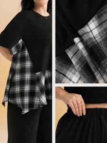Momelise Setelan 2 Potong Atasan Patchwork Kasual Ukuran Plus + Celana Longgar Sederhana - Hitam - View 8