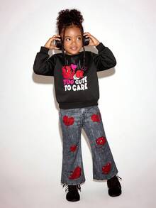 SHEIN HOT STUFF Young Girl 2pcs/Set Street Style Cute Casual Round Neck Long Sleeve Sweatshirt & Denim Effect Print Flare Pants 2-Pieces Set - Black - View 4