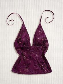 Sweetra Top sin espalda con cuello en V y diseño de lentejuelas, elegante y versátil para fiestas y reuniones - Morado - Ver 2