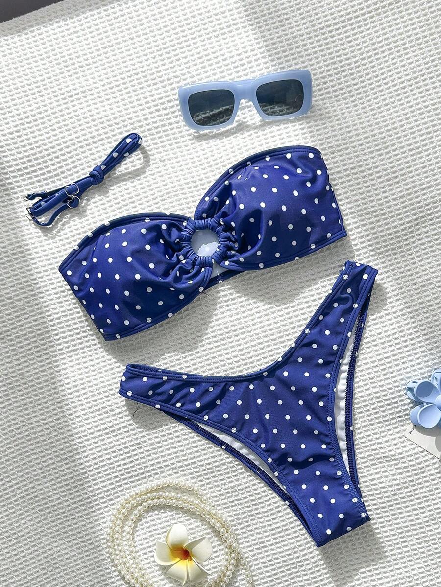 Swim Mod Bộ bikini hai mảnh ôm sát gợi cảm in chấm bi đen trắng mùa hè dành cho nữ. - Màu xanh hải quân - Xem 1