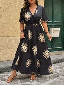 Breezaya 大码女装时尚优雅V领性感焦糖印花收腰A字连衣裙，适合日常外出/度假、与朋友聚会/下午茶、通勤、家庭聚会等场合。 - 彩色 - 查看 7