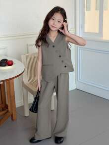 Dazy Kids Tween Girl V-Neck Wrap Sleeveless Jacket And Long Pants Elegant Outfit - Grey - View 5