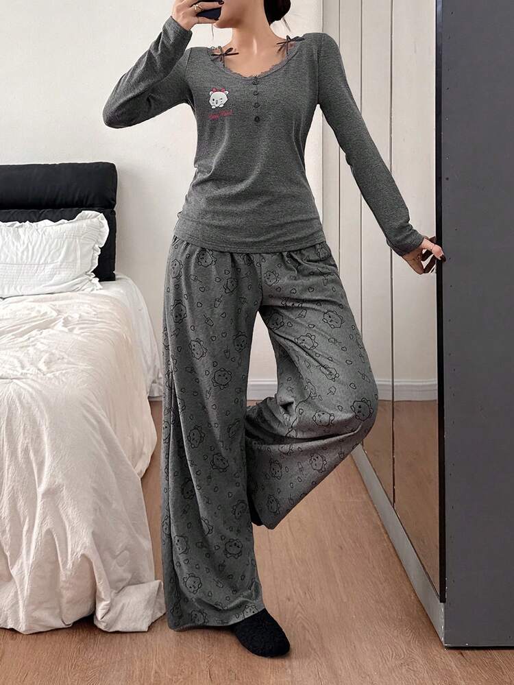 Cartoon Bear Print Lace Patchwork Bow Decor Women Pajama Set