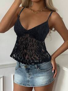 CovetEZ Áo hai dây ren hoa thời trang gợi cảm dành cho nữ - màu đen - Xem 4