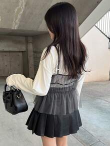 Women's Camisole Top With Layered Mesh, Waist Tie, And Bow Accent - Dark Grey - View 2