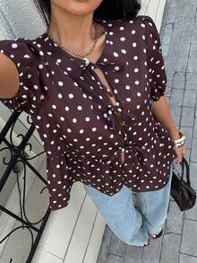 Siren Gaze 女士圆领短袖衬衫，斑马纹系带泡泡袖衬衫，夏季女士可爱荷叶边V领修身泡泡袖上衣，休闲日常穿着，春夏动物纹印花休闲衬衫，短袖 - 咖啡棕 - 查看 3