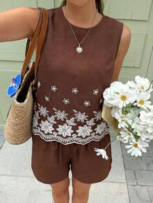 Serisse Bộ đồ nữ thường ngày thêu hoa, áo tank top và quần short, gồm 2 món. - màu nâu - Xem 6