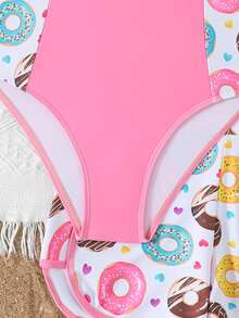 SHEIN 少女甜甜圈印花连体泳衣配短裤两件套 - 粉色 - 查看 6