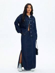 SHEIN ICON 大尺碼女款牛仔風藍色無彈力長袖夾克，春季 - 深色水洗藍 - 查看 3