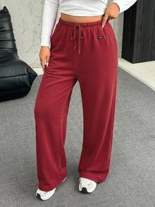 SHEIN EZwear 大码柔软保暖休闲抽绳宽松裤 - 紅色 - 查看 5