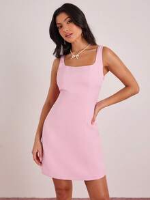 Enchnt Spring/Summer Romantic Women's Pink Big Bowknot Back Square Neck Sleeveless Fitted A-Line Mini Dress,Sweet&Elegant For Vacation&Date&Holiday&Going Out&Valentine's Day,Spring Outfit Women - Baby Pink - View 2