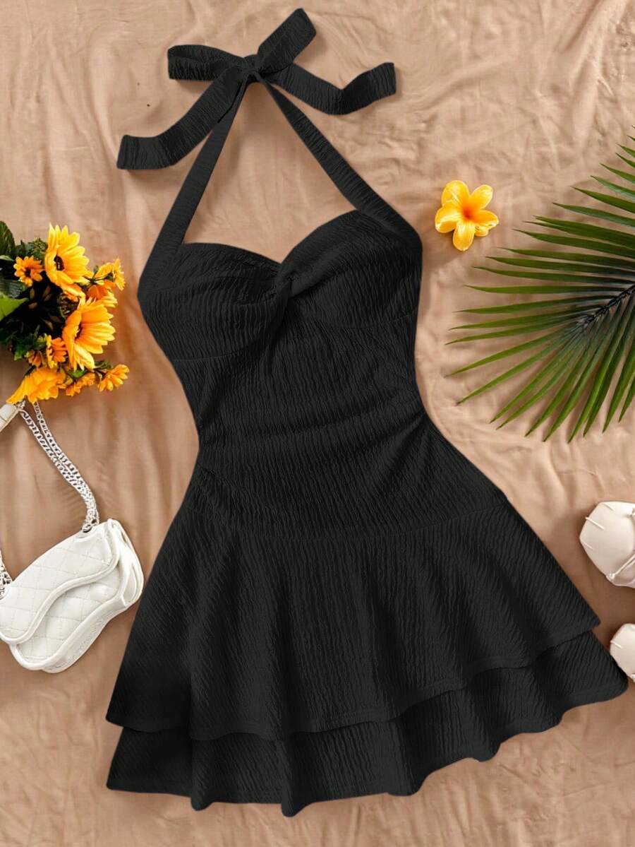 SHEIN Teen Girls Dresses Backless Black Mini Dress With Tie/Ruffled Hem And Double Layer/ Suitable For Party/Date/Valentine's Day/Vacation Outfits /Vacation Dress/Beach Vacation Outfits Textured - Black - View 1