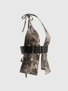 Áo tank top nữ thời trang đường phố, buộc dây phía trước, in họa tiết toàn thân, thích hợp cho mùa hè. - Nhiều màu - Xem 3