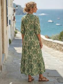 Faunlyn Women's Casual V-Neck Half Sleeve Patchwork Mid-Calf Dress, Spring/Summer - Multicolor - View 2