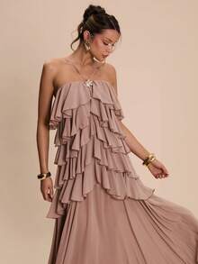 SHEIN BAE 卡其色露背荷叶边A字连衣裙，浪漫约会连衣裙，派对连衣裙，伴娘礼服，舞会礼服，生日连衣裙，春夏款 - 卡其色 - 查看 6