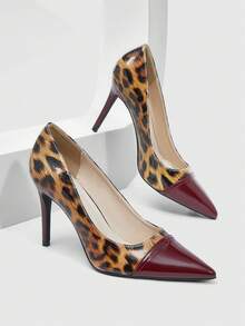 CUCCOO SZL Women's Fashion Pointed Toe Leopard Print Splicing Patent Leather High Heel Pumps Spring Shoes Spring Break Easter Prom Heels Valentine's Day - Rose Red - View 4