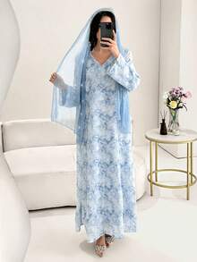 Al Najma Embroidered & Jacquard Weave Abaya Robe,  Style - Blue - View 6
