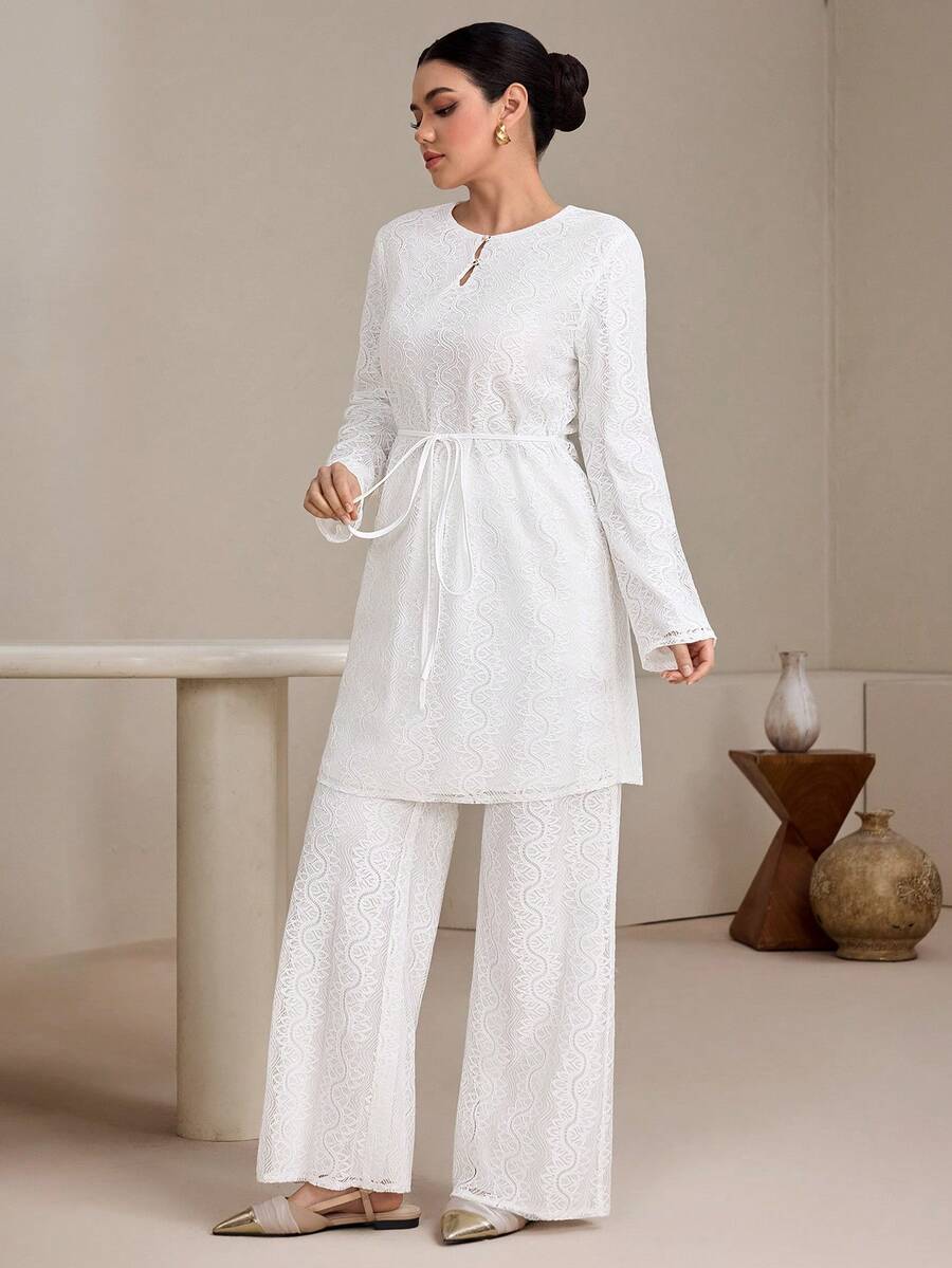 Graceveil Bộ đồ nữ cổ tròn tay dài cạp cao ống rộng ren eo, thanh lịch, kiểu dáng Ả Rập sang trọng. - trắng - Xem 1