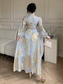 DAZY Women's V-Neck Printed Waist Cinched Elegant Dress, Vacation Style - Blue - View 4