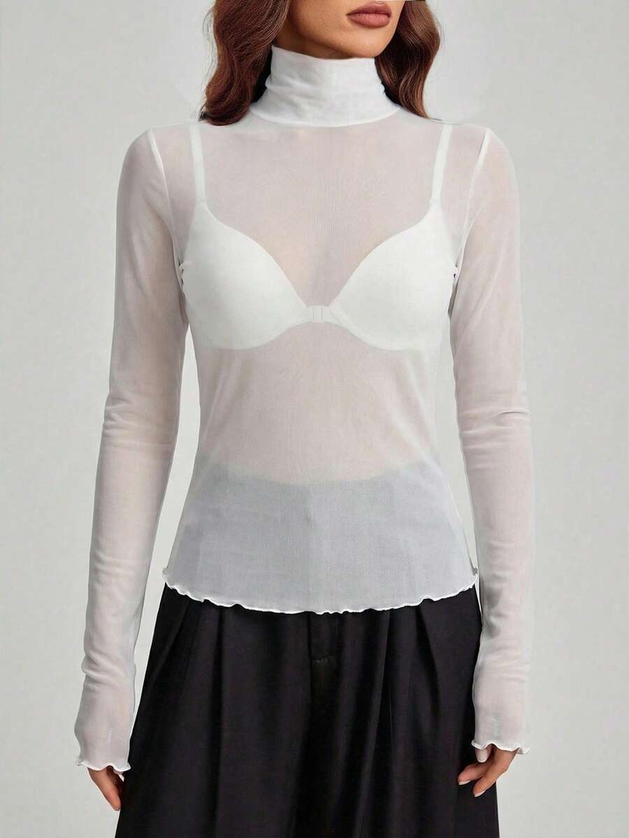 SHEIN Tall 斯德哥尔摩风格，2025女士夏季新款系列，高领毛领上衣，适合春夏穿着，新年女士上衣，网纱长袖透视上衣