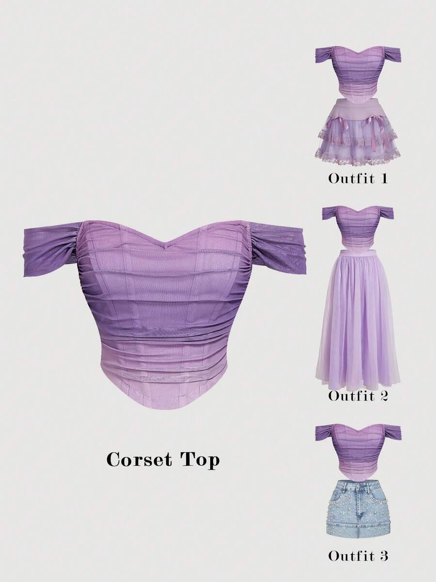 SHEIN MOD Áo crop top hở vai họa tiết xương cá cạp chun eo màu trắng - Màu tím - Xem 1