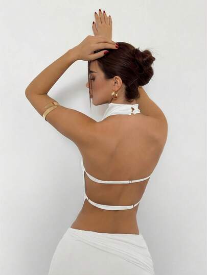 Aloruh Nuova canotta da donna con collo alto e schiena scoperta, con laccio, colore marrone, adatta per feste ed eventi serali, autunno/inverno