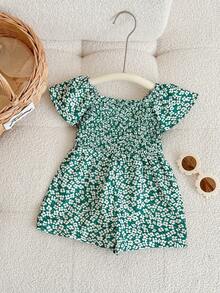 SHEIN 新生女宝宝可爱碎花短袖连体衣，夏季 - 紅色 - 查看 5