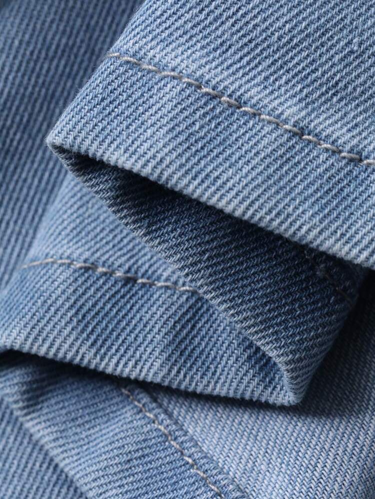 Tween Girl Casual Everyday Commute Fashion Street Loose Drop Shoulder Denim Shirt And Drawstring Waist Wide Leg Jeans Set, Spring/Summer/Autumn