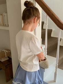 DAZY Tricou de vară pentru fete preadolescente, cu guler rotund, casual, lejer, cu mânecă scurtă - Bej - Vizualizare 6