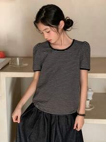 DAZY 少女圆领条纹短袖T恤，秋季款 - 黑與白 - 查看 4