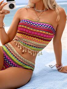 Swim Vcay Bộ bikini 2 món dành cho nữ, áo lót hai dây, vải dệt họa tiết sọc nhiều màu sắc, trang trí tua rua phong cách Bohemian, kiểu dáng nghỉ dưỡng bãi biển, thích hợp cho hồ bơi và bãi biển. - Nhiều màu - Xem 4