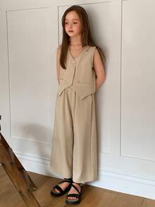 DAZY 2pcs Tween Girl Tween Girls Solid V-Neck Sleeveless Vest + Wide Leg Pants Set, Fall - Apricot - View 1