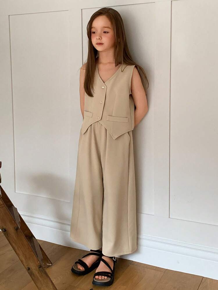 2pcs Tween Girl Tween Girls Solid V-Neck Sleeveless Vest + Wide Leg Pants Set, Fall Summer