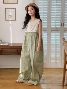 DAZY Tween Girl Contrast Button Pocket Sleeveless Casual Wide Leg Jumpsuit Summer - Army Green - View 6