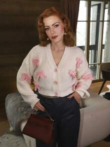Gretanique Damen Himekaji rosa dreidimensionale Schleife Accessoires süße minimalistische sexy Strickjacke, Langarm Oberteile - Aprikosenfarben - Übersicht 5