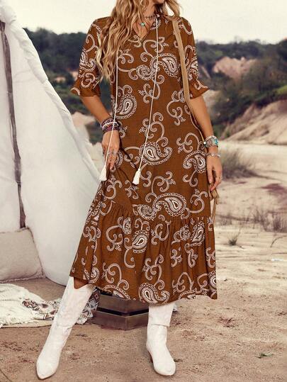 LanaWest Women's Bohemian Style Printed Mid-Sleeve Dress, Women's Bohemian Tassel, Ruffle Hem Short Sleeve Tie Neck Loose Long Floral Print Blouse, Paisley Plaid Women Long Dress, Casual Long Dress For Spring And Autumn