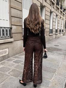 Pariaura 2026 Spring/Summer French Elegant Hollow Lace Casual Pants, Women High Waist Slimming Drape Straight Leg Flared Wide Leg Trousers, Summer, Lined, Side Zipper, Waist Pleated Design, Commuter Wear, New Ladies Spring/Summer Pants Brown Brown Lace Skirt Long Brown Skirt Brown Outfit Women Lace Maxi Skirt Brown Lace Top - Coffee Brown - View 2