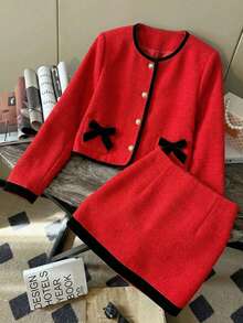 少女休闲优雅温柔日常百搭公主风纽扣蝴蝶结衬衫和裙子两件套，春秋 - 紅色 - 查看 3