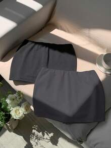 SHEIN EZwear Bộ 2 món quần short và váy xếp ly dệt kim cho nữ, váy ngắn có quần lót bên trong, váy thể thao, váy có quần short bên trong, váy nỉ. - Màu xám đen - Xem 4