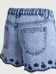 少女夏季休闲做旧口袋镂空刺绣牛仔短裤 - 中等水洗藍 - 查看 3