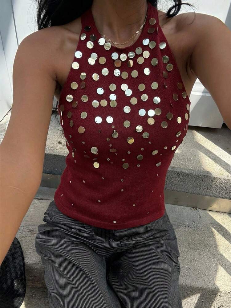 Siren Gaze 亮片拼接露背针织紧身吊带短款上衣 - 酒紅色 - 查看 5