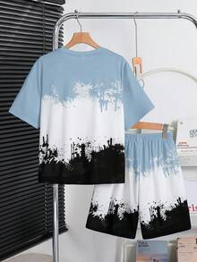 SHEIN Tween Boy Loose Street Style Short Sleeve Shorts Set - Dusty Blue - View 2