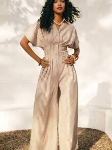 Poéselle 女士休闲度假风条纹印花V领褶皱腰部宽松阔腿连体裤，春夏秋季 - 卡其色 - 查看 6