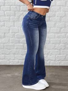 Flexra 女士休闲百搭喇叭牛仔裤，带口袋 - 粉色 - 查看 3